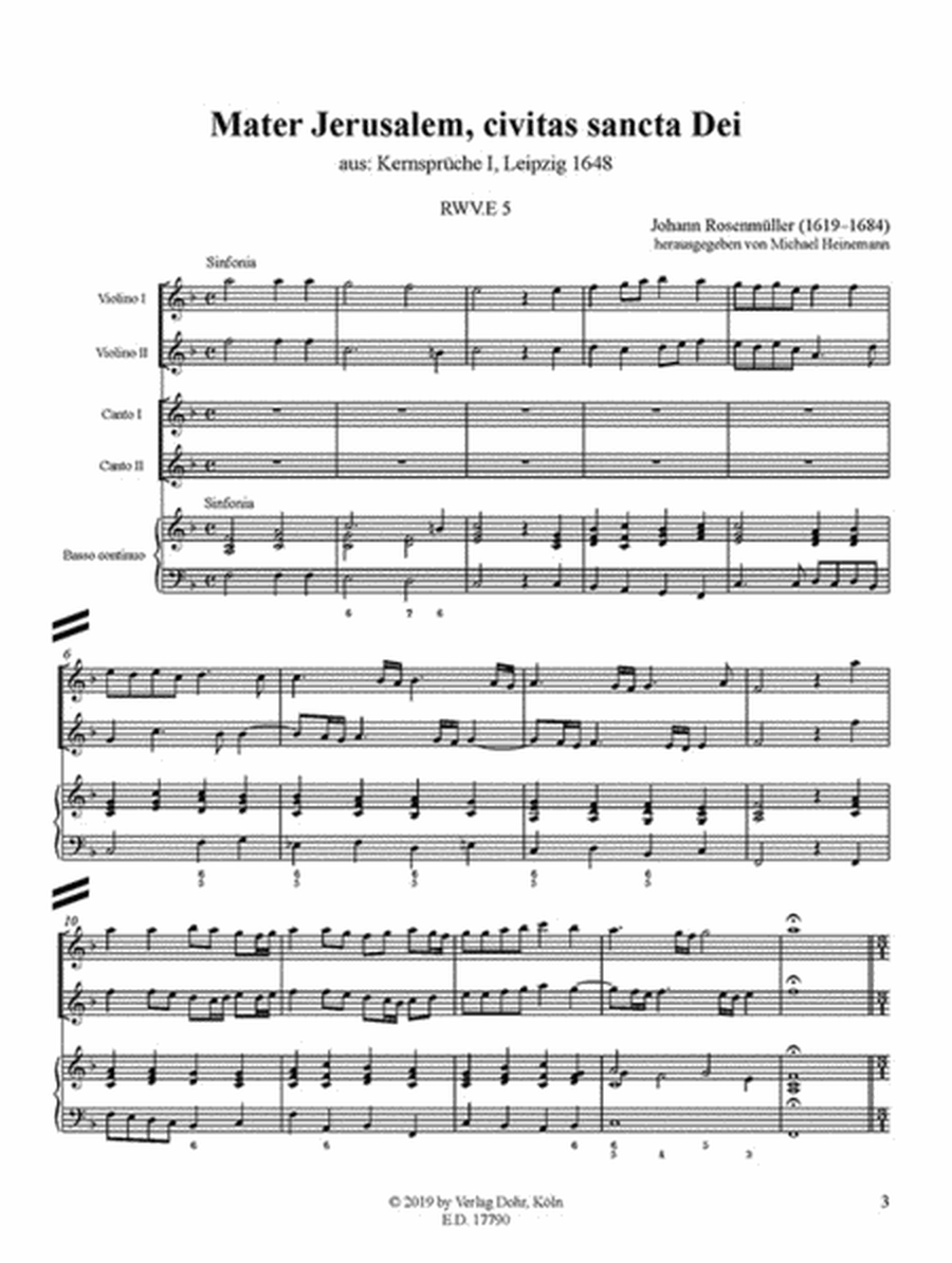 Mater Jerusalem, civitas sancta Dei für zwei Soprane, zwei Violinen und B.c. F-Dur RWV.E 5 (aus Kernsprüche I, Leipzig 1648)