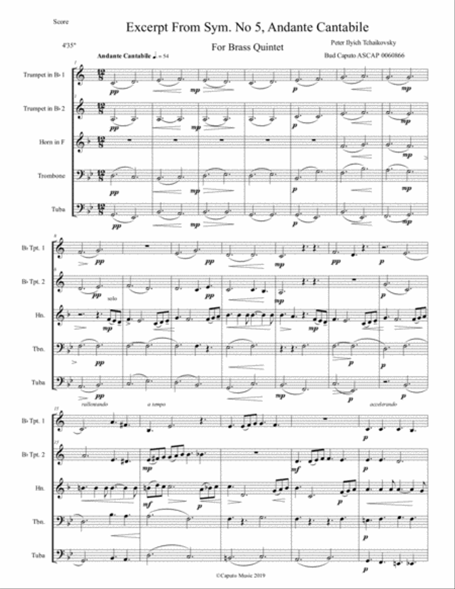 Excerpt from Andante Cantabile, Tchaikovsky Symphony. #5, for Brass Quintet Brass Quintet scores gallery preview page 2