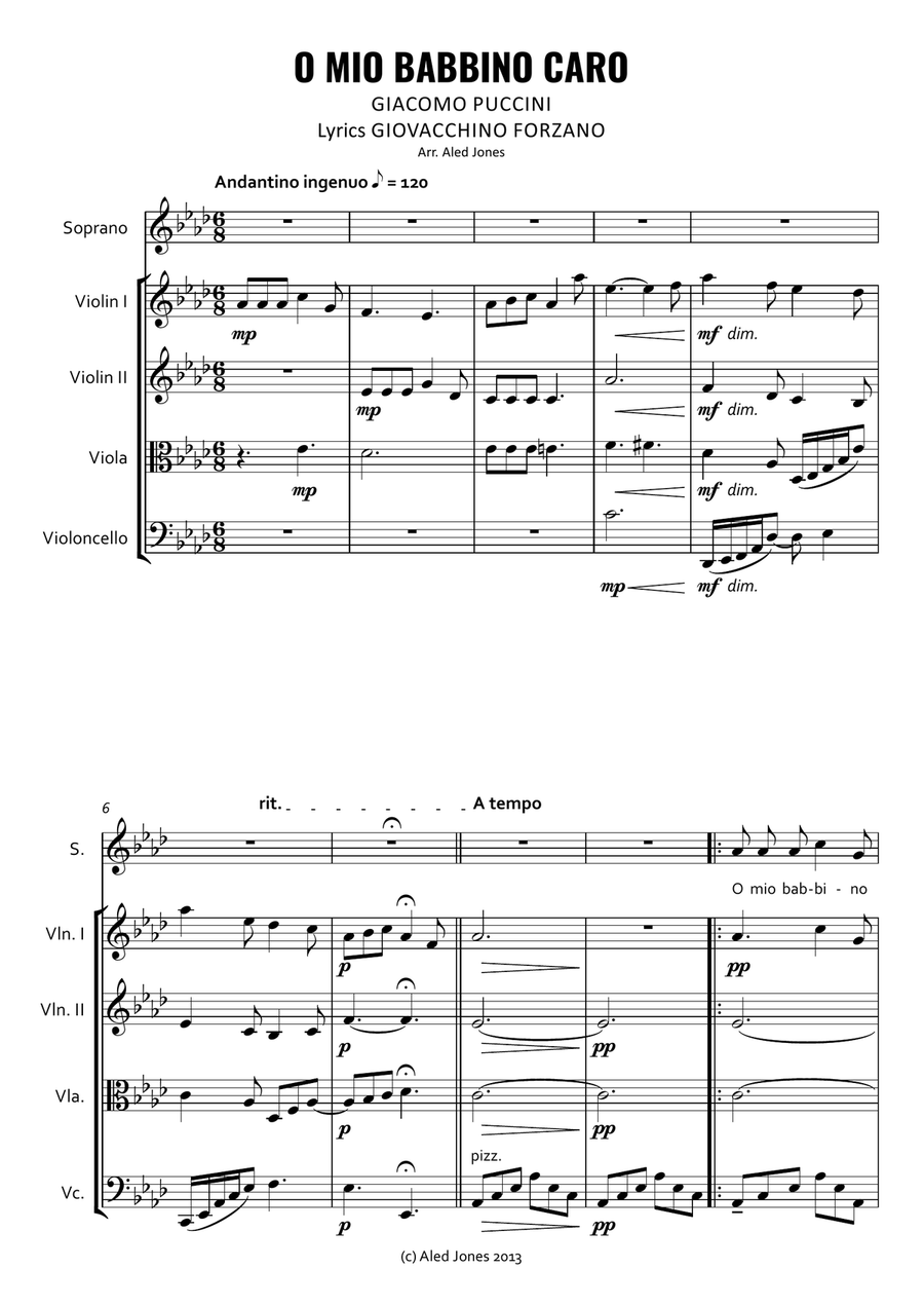 O Mio Babbino Caro for Soprano and String Quartet String Quartet scores gallery preview page 1