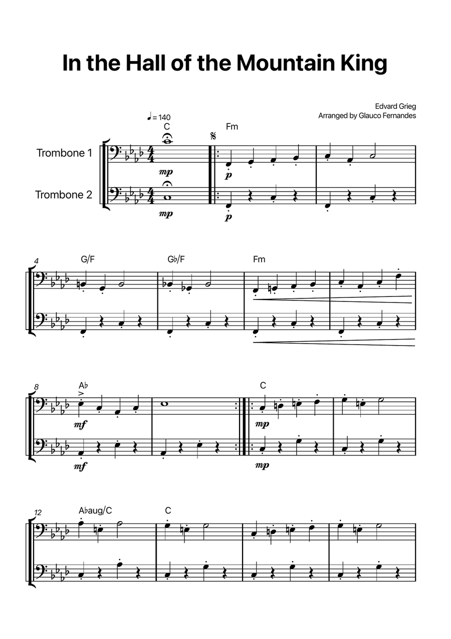 In the Hall of the Mountain King - Trombone Duet with Chord Notations