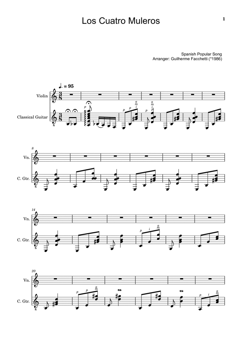 Spanish Popular Song - Los Cuatro Muleros. Arrangement for Violin and Classical Guitar. image number null