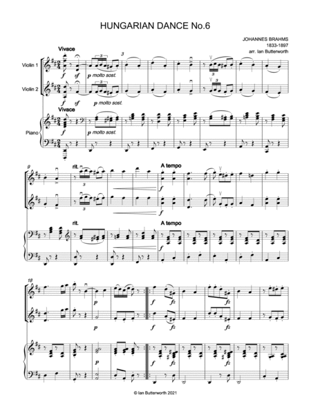 BRAHMS Hungarian Dance No.6 arranged for 2 violins & piano image number null