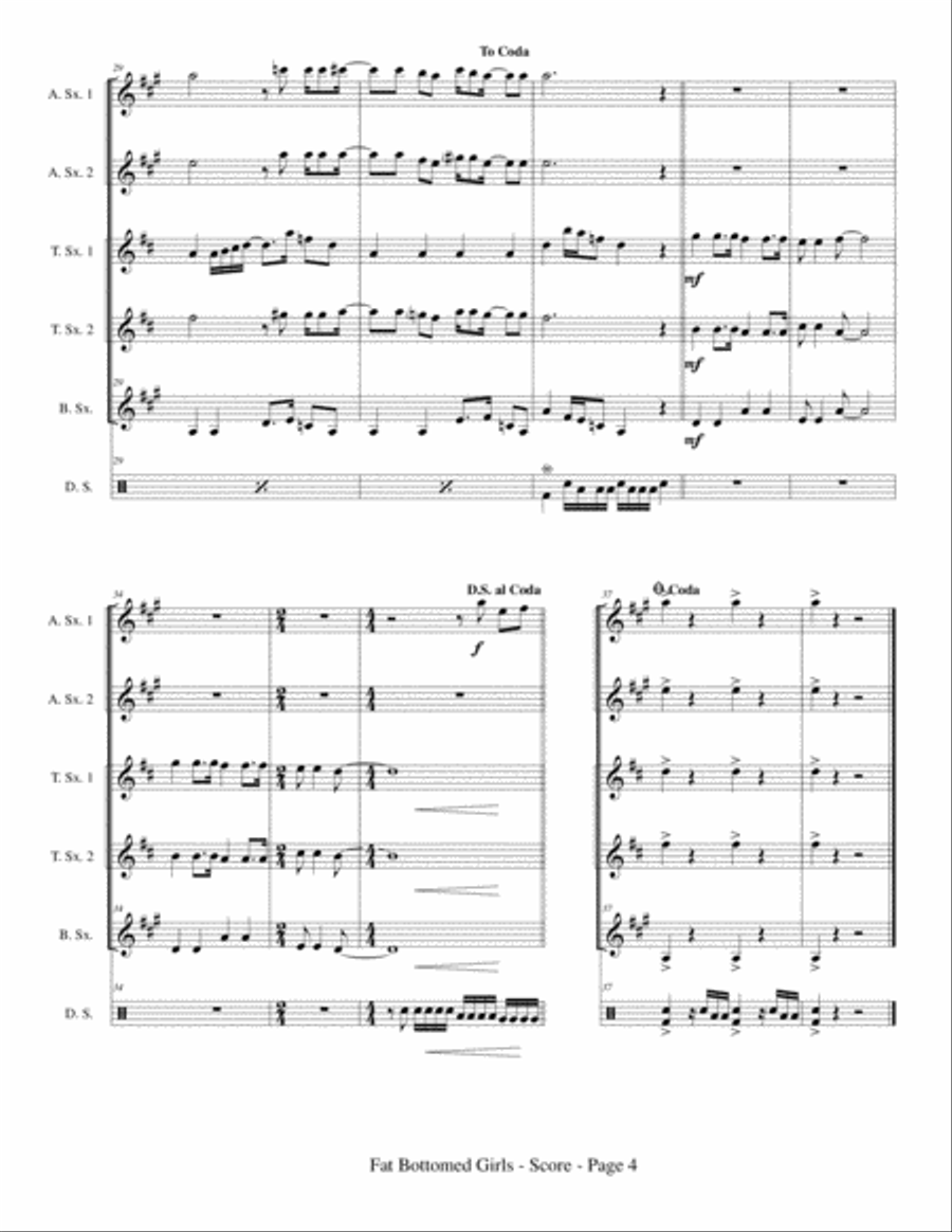 Fat Bottomed Girls Saxophone Quintet scores gallery preview page 6