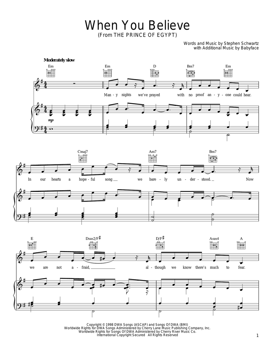 When You Believe (From The Prince Of Egypt) Piano, Vocal, Guitar scores gallery preview page 1