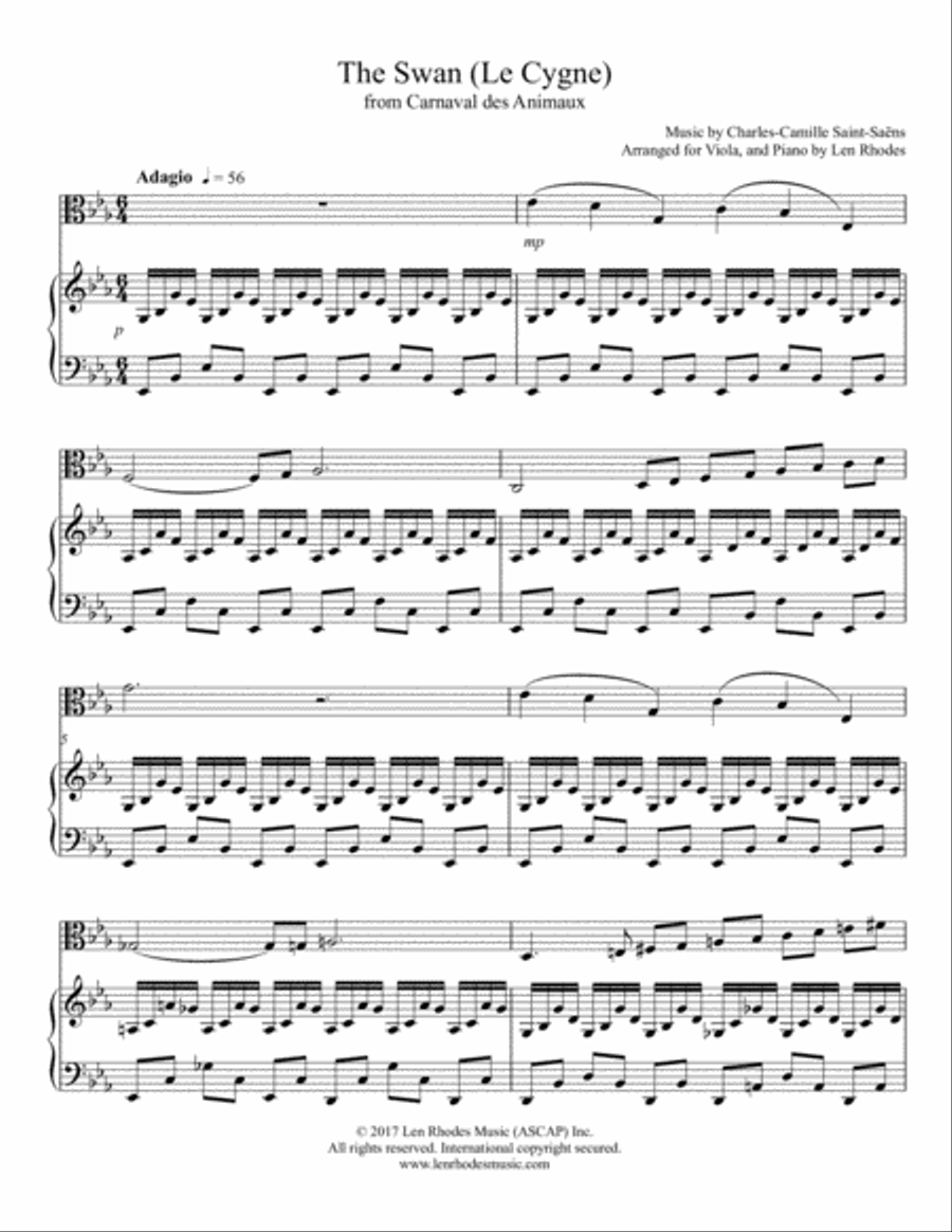 The Swan (Carnival of the Animals) - Charles-Camille Saint-Saëns for Viola and Piano Piano scores gallery preview page 1