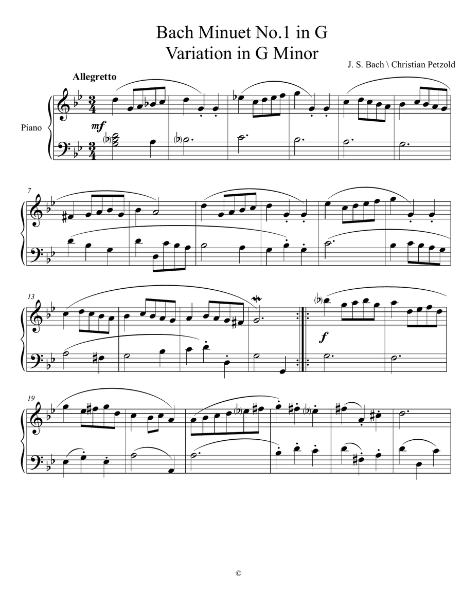 Variation in G Minor to Bach Minuet No.1 in G Easy Piano scores gallery preview page 1