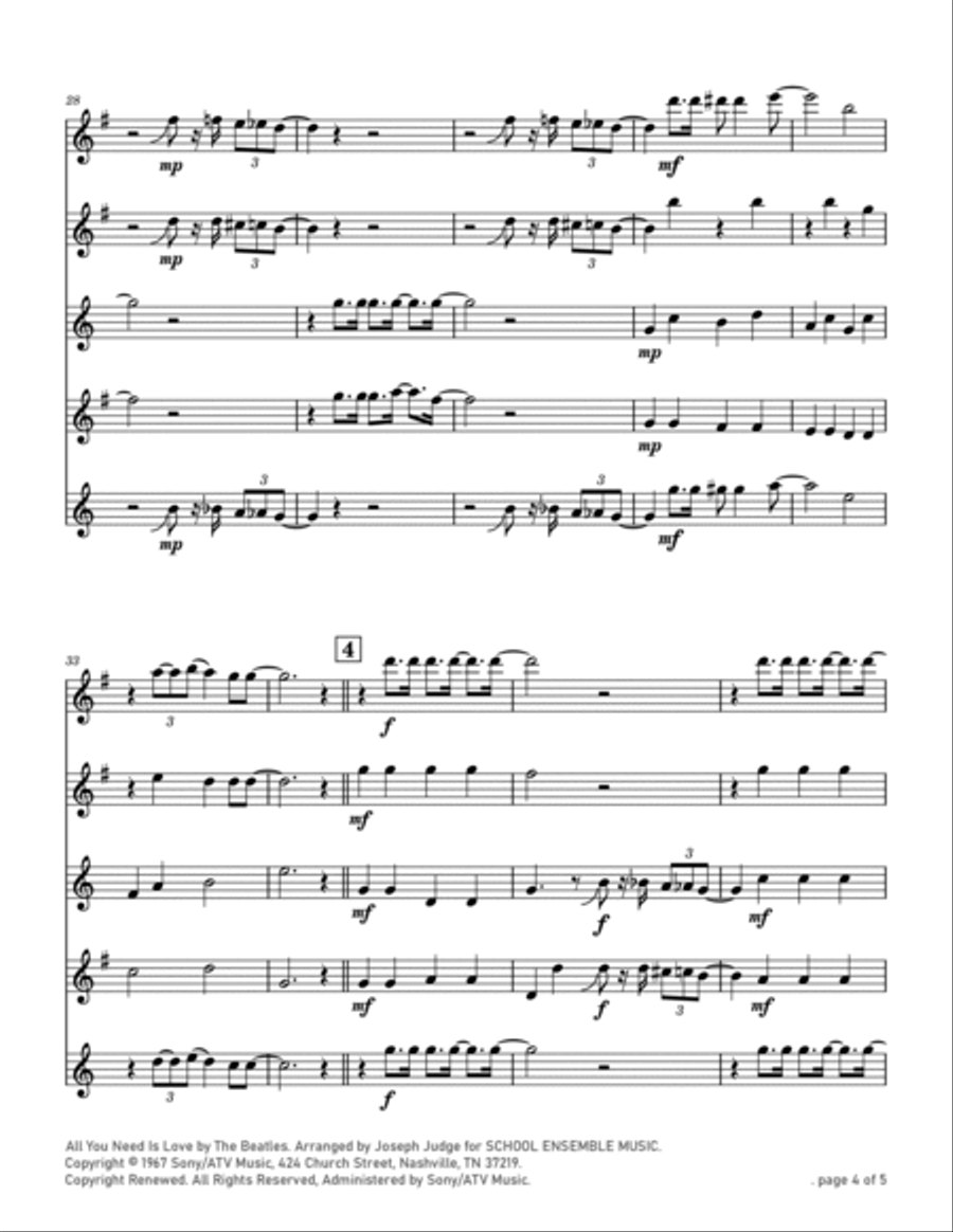 All You Need Is Love Saxophone Quartet scores gallery preview page 4