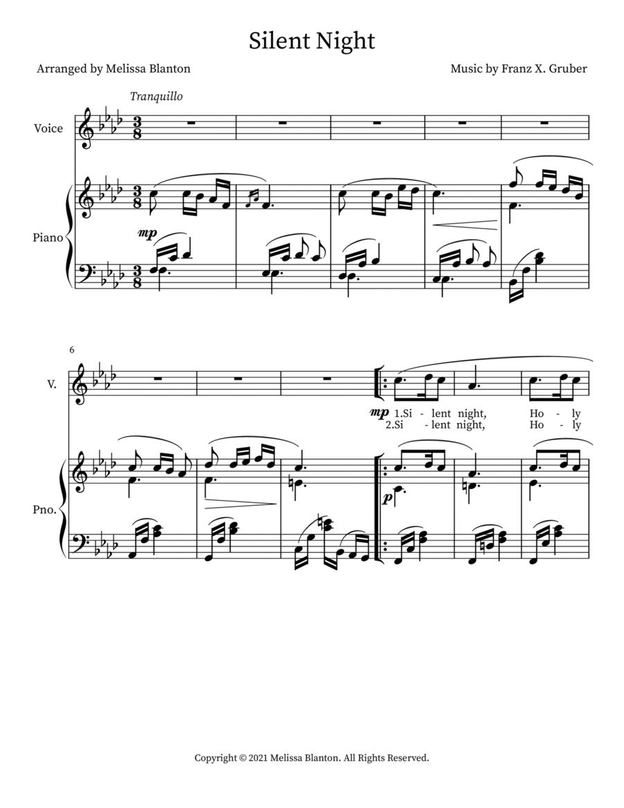 Silent Night Arrangement for Soprano with Piano Accompaniment Soprano Voice scores gallery preview page 1
