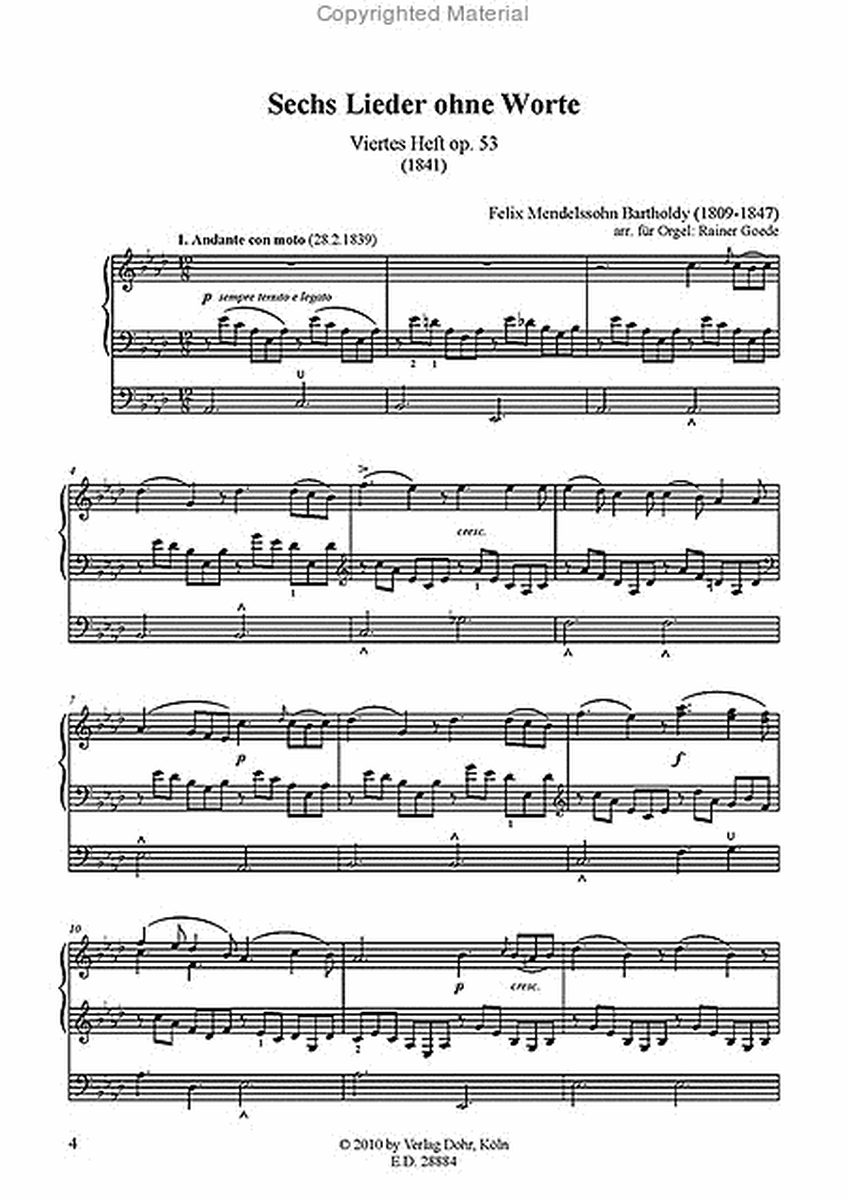 Lieder ohne Worte op. 53 -Viertes Heft- (für Orgel)
