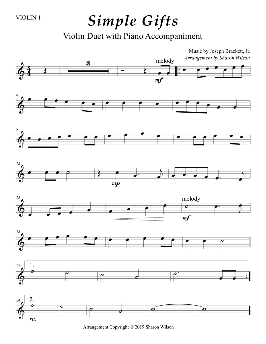 Simple Gifts (Easy Violin Duet with Piano accompaniment) String Duet scores gallery preview page 1