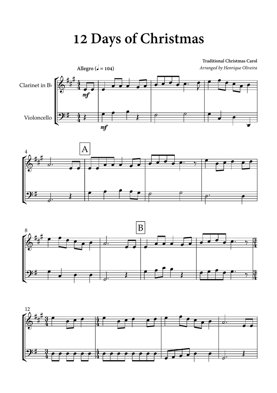12 days of Christmas (Clarinet and Cello) - Christmas Carol B-Flat Clarinet scores gallery preview page 1