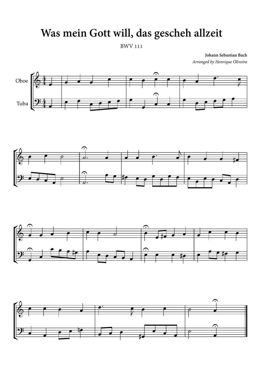 Was mein Gott will, das gescheh allzeit (Oboe and Tuba) - Johann Sebastian Bach Oboe scores gallery preview page 1