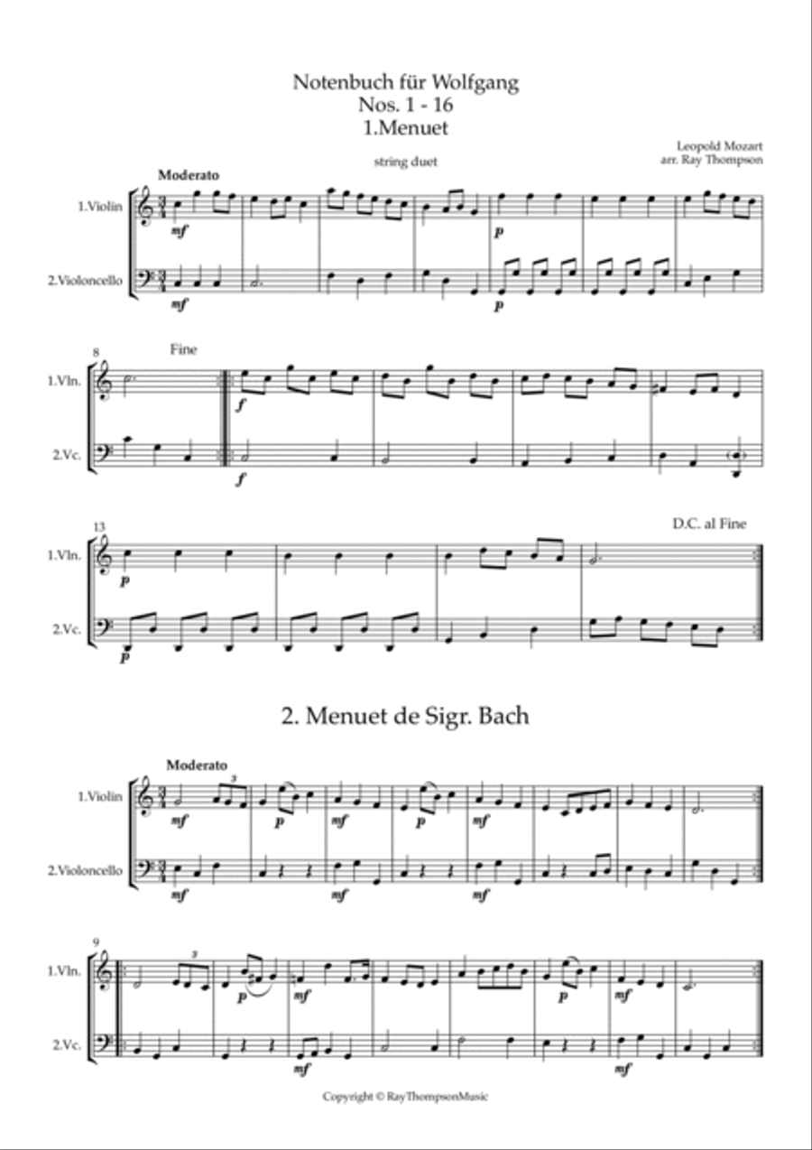 Mozart (Leopold): Notenbuch für Wolfgang (Notebook for Wolfgang) (Part 1, Nos.1 - 16) — string duet String Duet scores gallery preview page 2