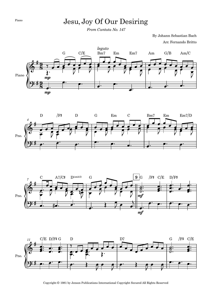 Jesu, Joy of Man's Desiring (J. S. Bach) for Piano Solo with Chords