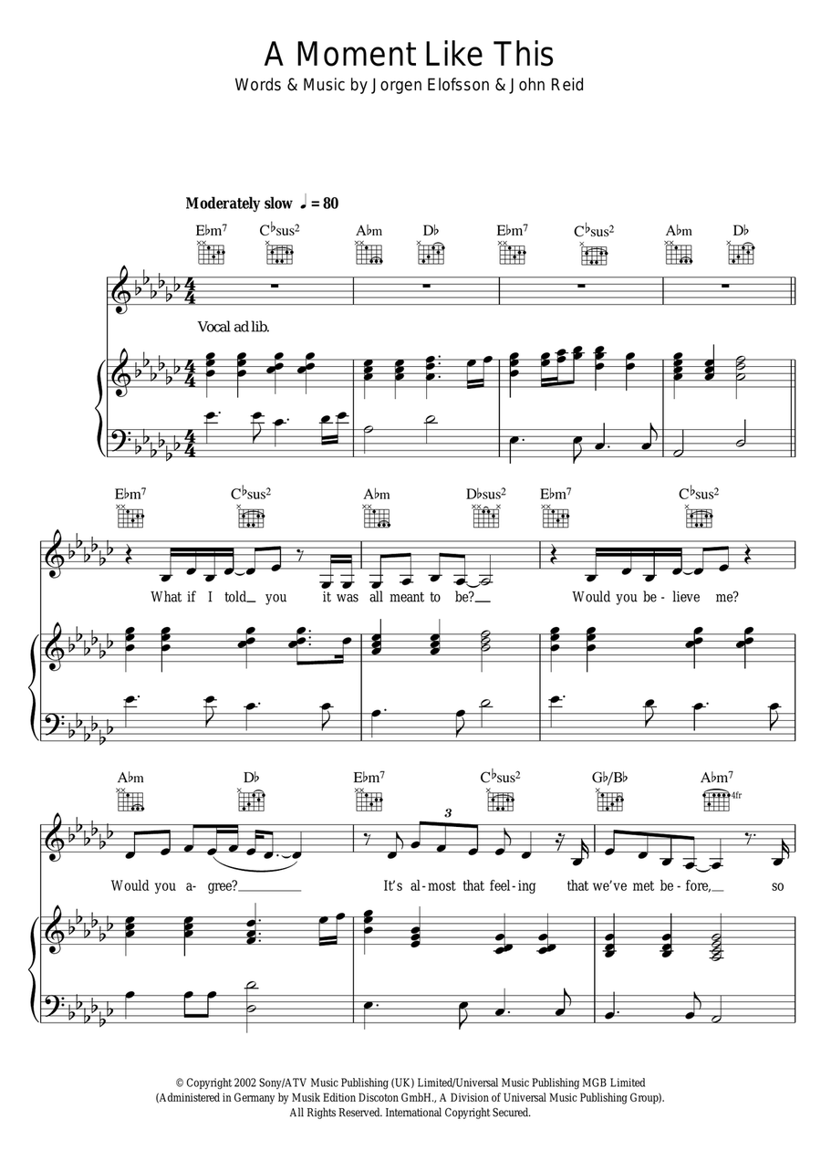 A Moment Like This Piano, Vocal scores gallery preview page 1
