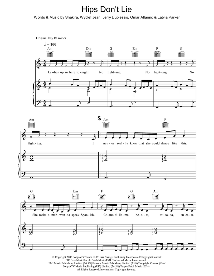 Hips Don't Lie Piano, Vocal, Guitar scores gallery preview page 1