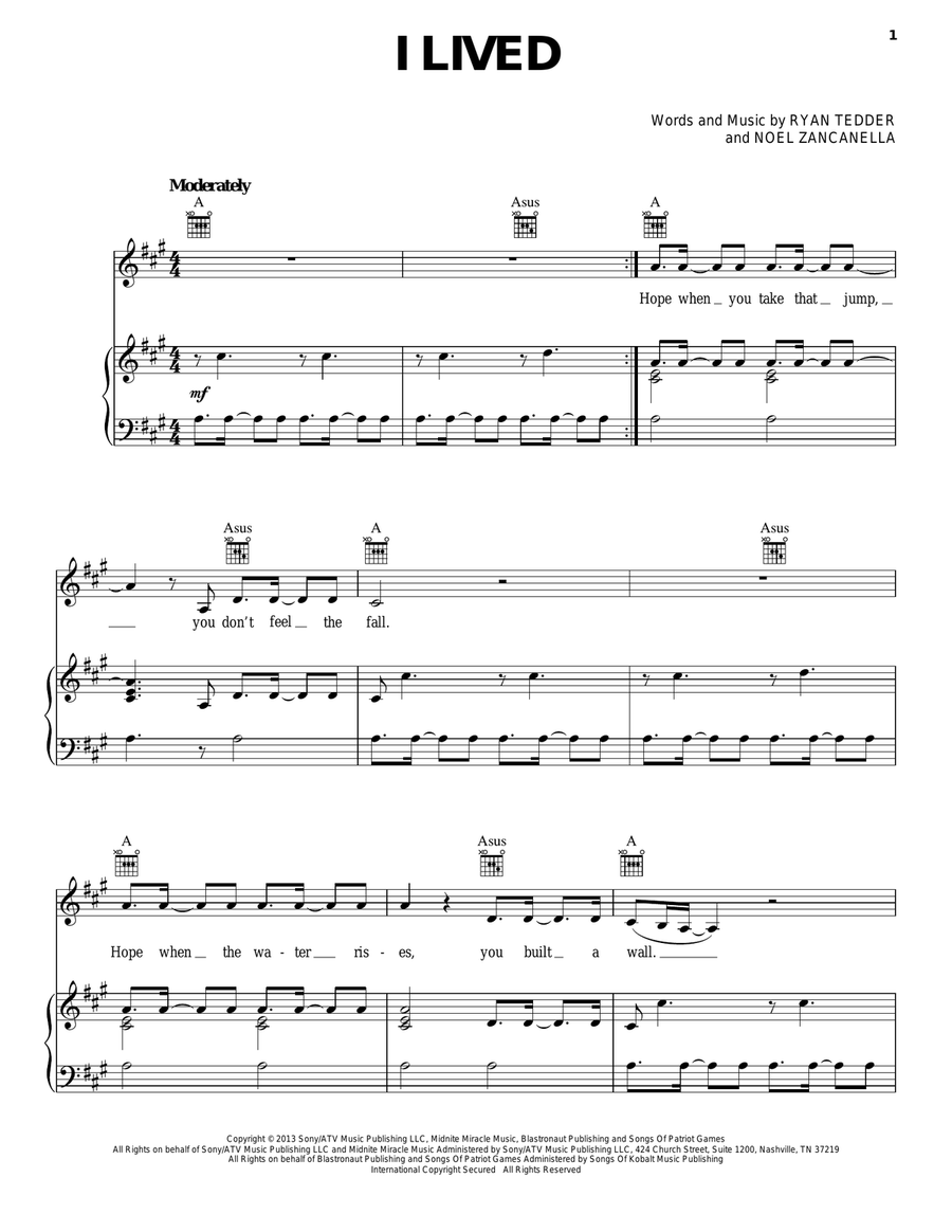 I Lived Piano, Vocal, Guitar scores gallery preview page 1