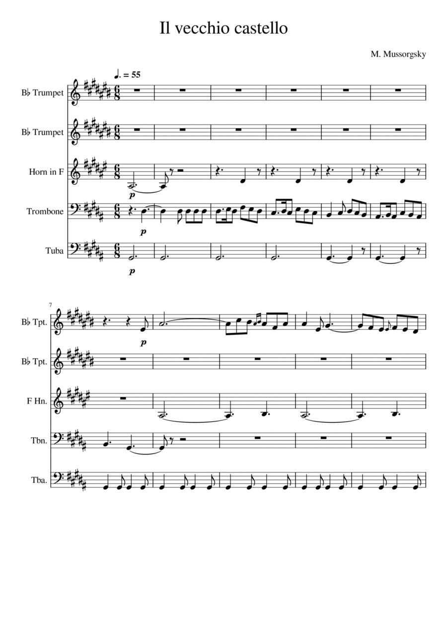 Il Vecchio Castello - Pictures at an Exhibition (The Old Castle) Brass Ensemble scores gallery preview page 1