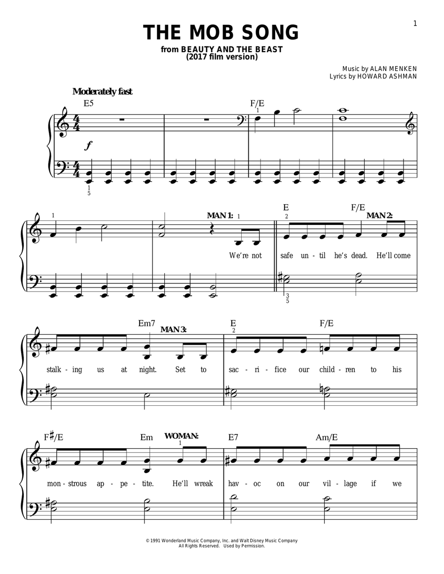 The Mob Song (from Beauty And The Beast) Easy Piano scores gallery preview page 1
