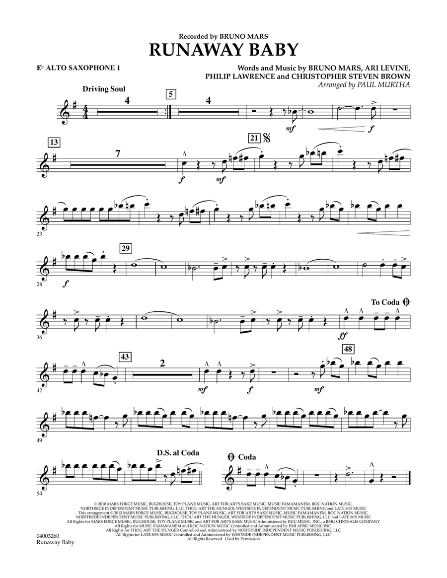 Runaway Baby - Eb Alto Saxophone 1 Concert Band scores gallery preview page 1