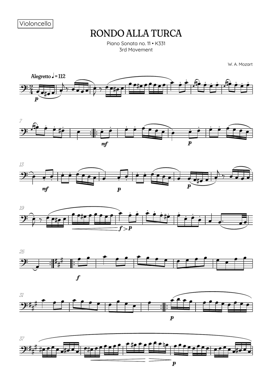 Rondo Alla Turca (Turkish March) • cello sheet music Cello Solo scores gallery preview page 1