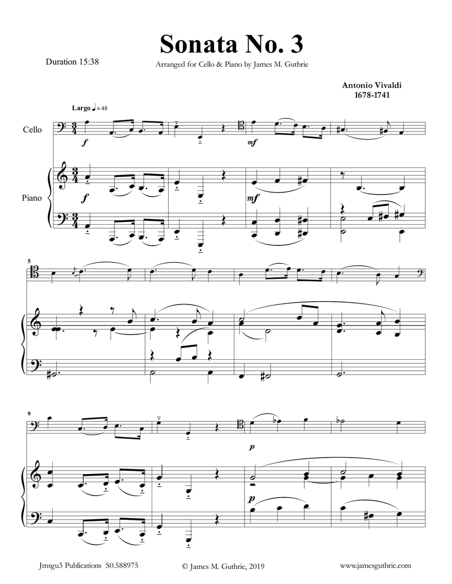Vivaldi: Sonata No. 3 for Cello & Piano Piano scores gallery preview page 1