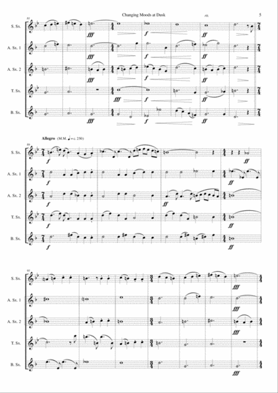 Changing moods at dusk for saxophone quintet (soprano, 2 altos, 1 tenor, 1 baritone) Saxophone Quintet scores gallery preview page 5