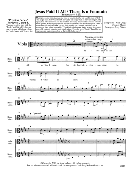 Jesus Paid It All with There Is A Fountain (Arrangements Level 2-4 for VIOLA + Written Acc) Hymn image number null