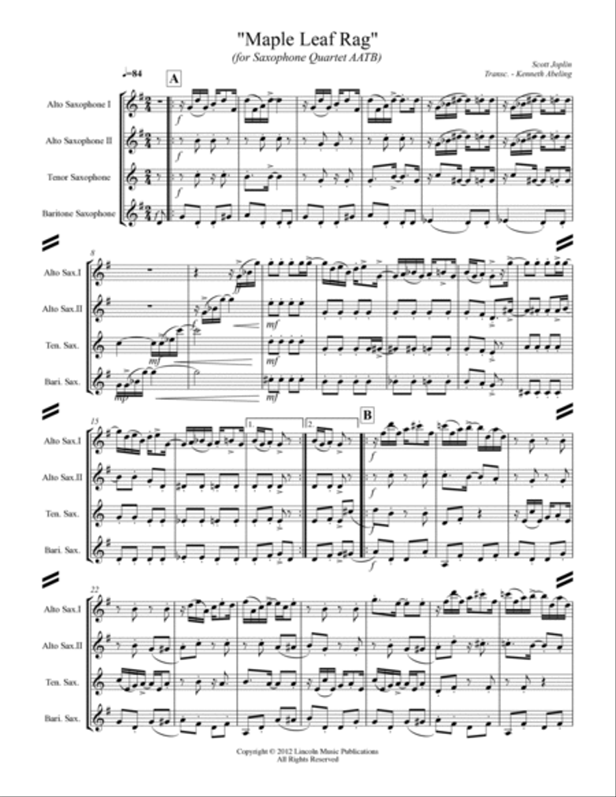 Joplin - Maple Leaf Rag (For Saxophone Quartet AATB) Saxophone Quartet scores gallery preview page 2