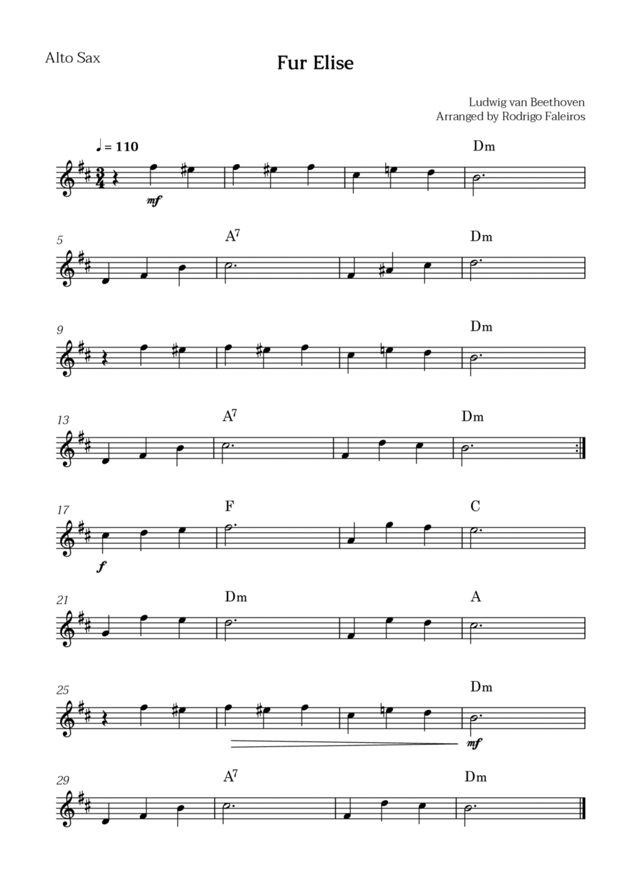 Fur Elise (for beginners - solo alto sax) Chamber Music scores gallery preview page 1