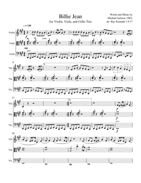 Billie Jean, for Violin, Viola, Cello Trio image number null