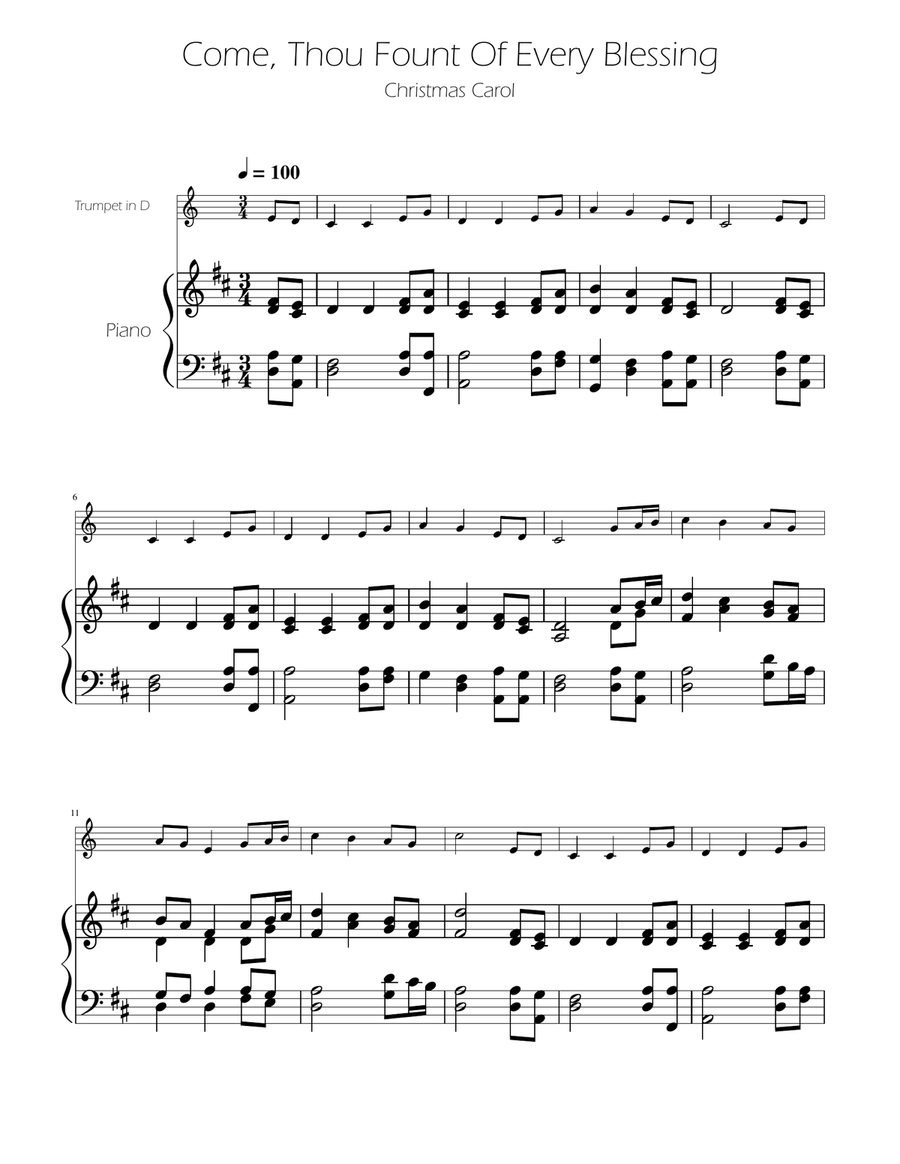 Come, Thou Fount Of Every Blessing - Trumpet in D Solo w/ Piano