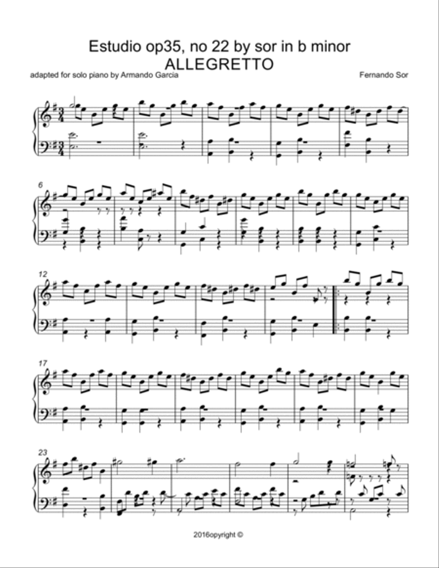 Allegretto in bminor by sor from the guitar adapted for solo piano by Armando Garcia (C)2016 Piano Solo scores gallery preview page 2
