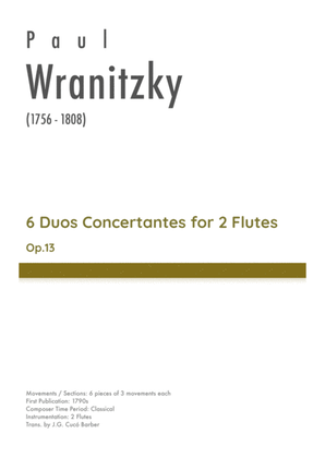 Book cover for Wranitzky - 6 Duos Concertantes for 2 Flutes, Op.13