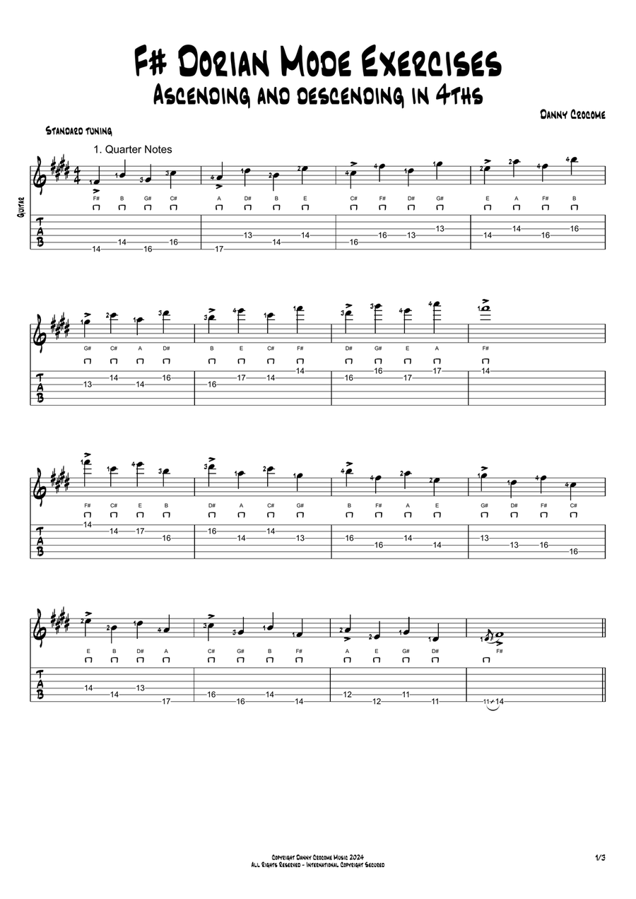 F# Dorian Mode Exercises - Ascending and Descending in 4ths Acoustic Guitar scores gallery preview page 1