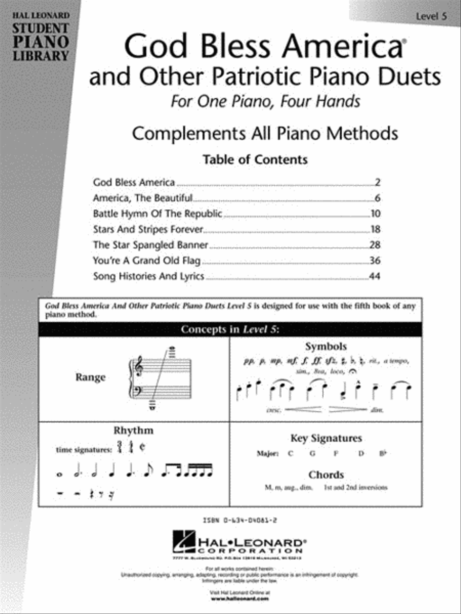 God Bless America and Other Patriotic Piano Duets – Level 5