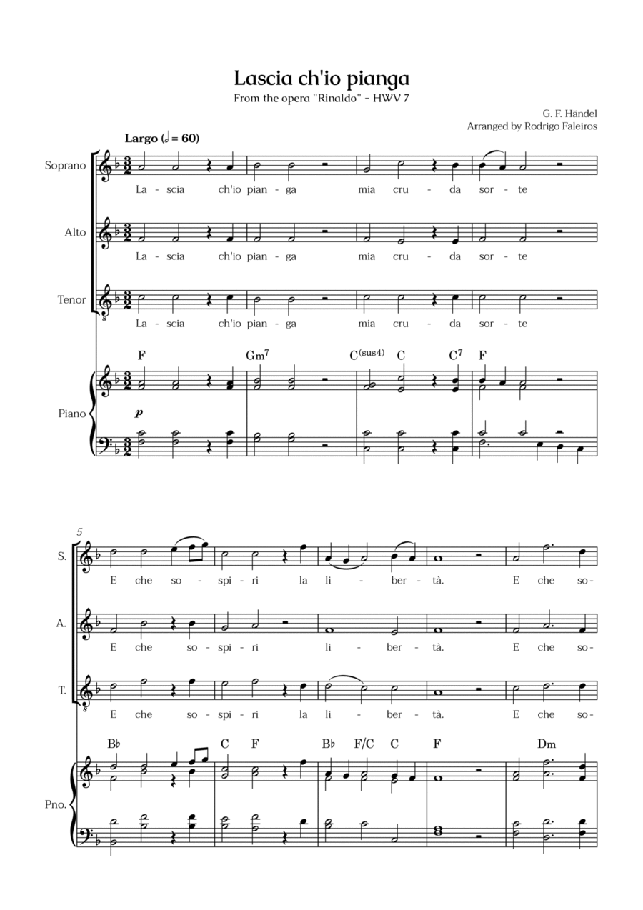 Lascia ch'io pianga (for SAT choir - with piano accompaniment) SAT scores gallery preview page 1