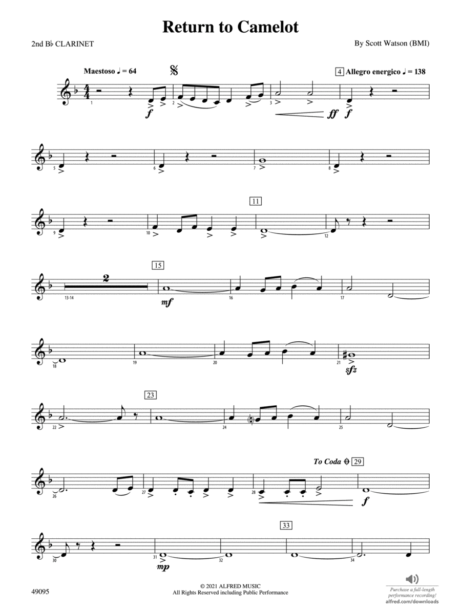 Return to Camelot: 2nd B-flat Clarinet Concert Band scores gallery preview page 1