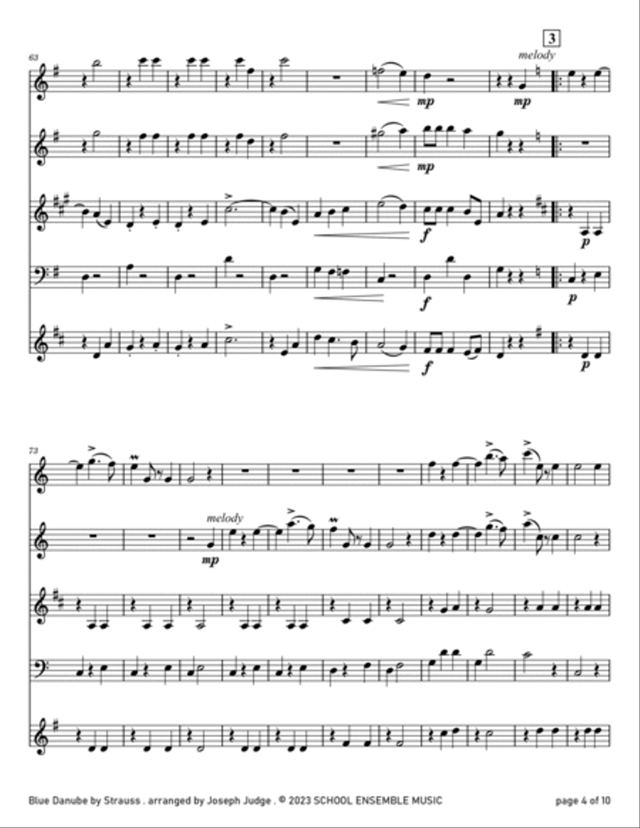 Blue Danube by Strauss for Woodwind Quartet in Schools Woodwind Quartet scores gallery preview page 4
