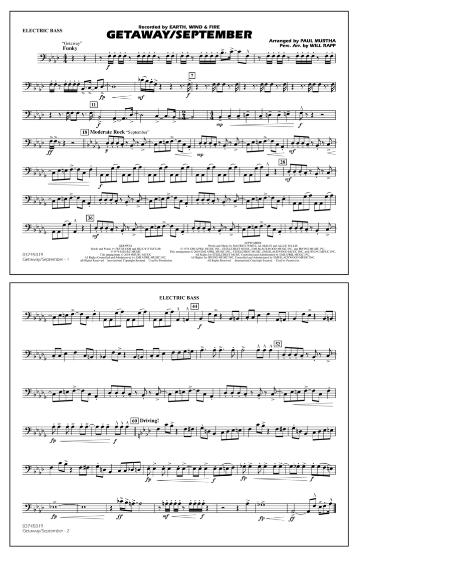 Getaway/September (arr. Paul Murtha) - Electric Bass Marching Band scores gallery preview page 1