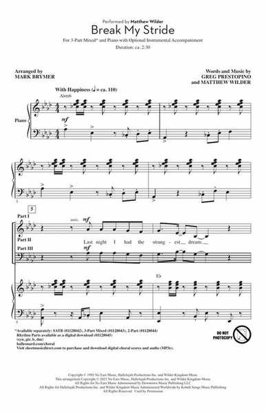 Break My Stride by Matthew Wilder 3-Part - Sheet Music