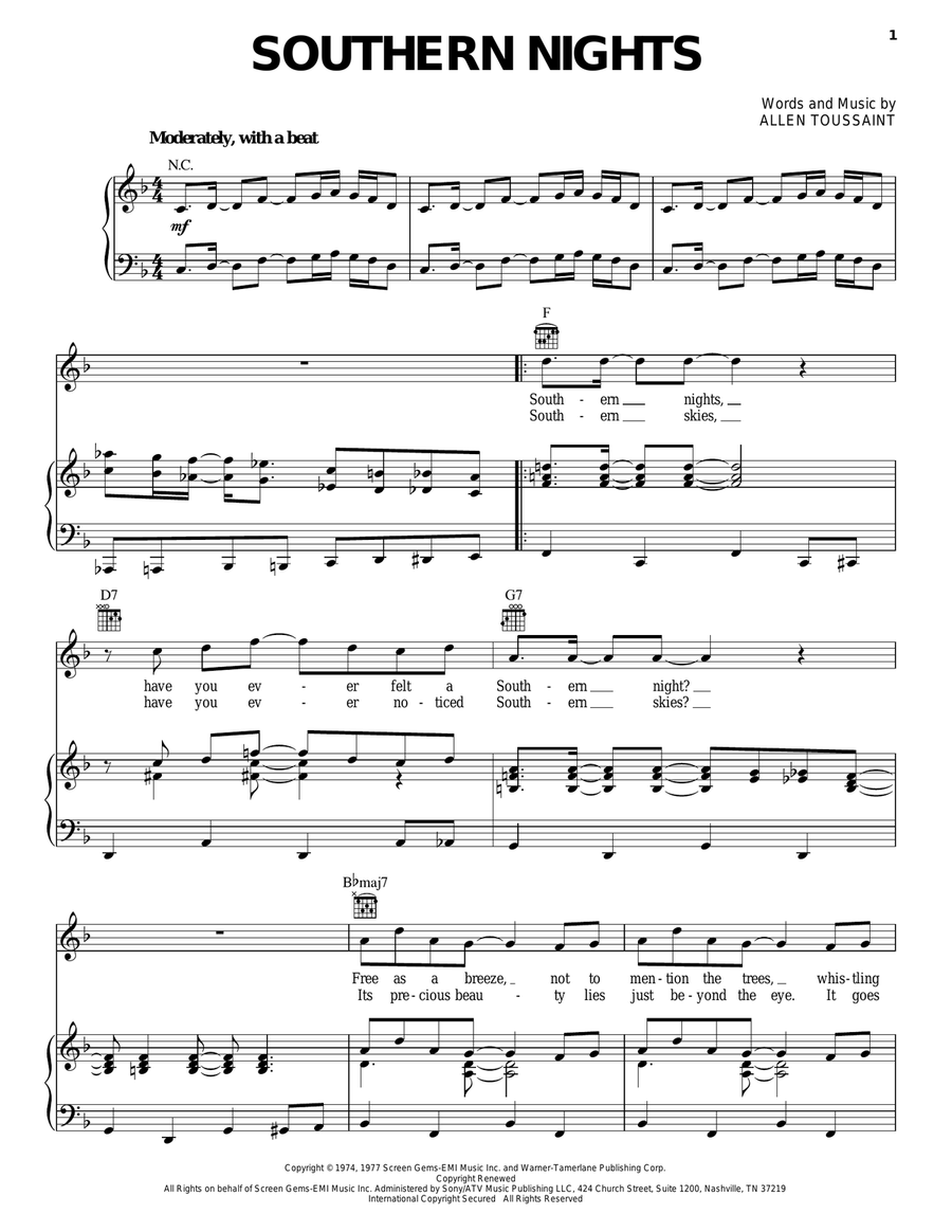 Southern Nights Piano, Vocal, Guitar scores gallery preview page 1