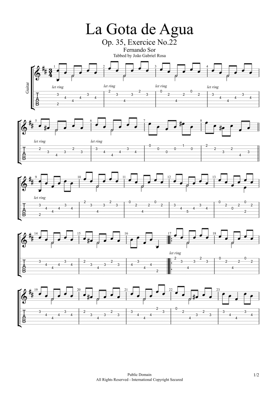 La Gota de Agua (Sor) Guitar Tablature scores gallery preview page 1