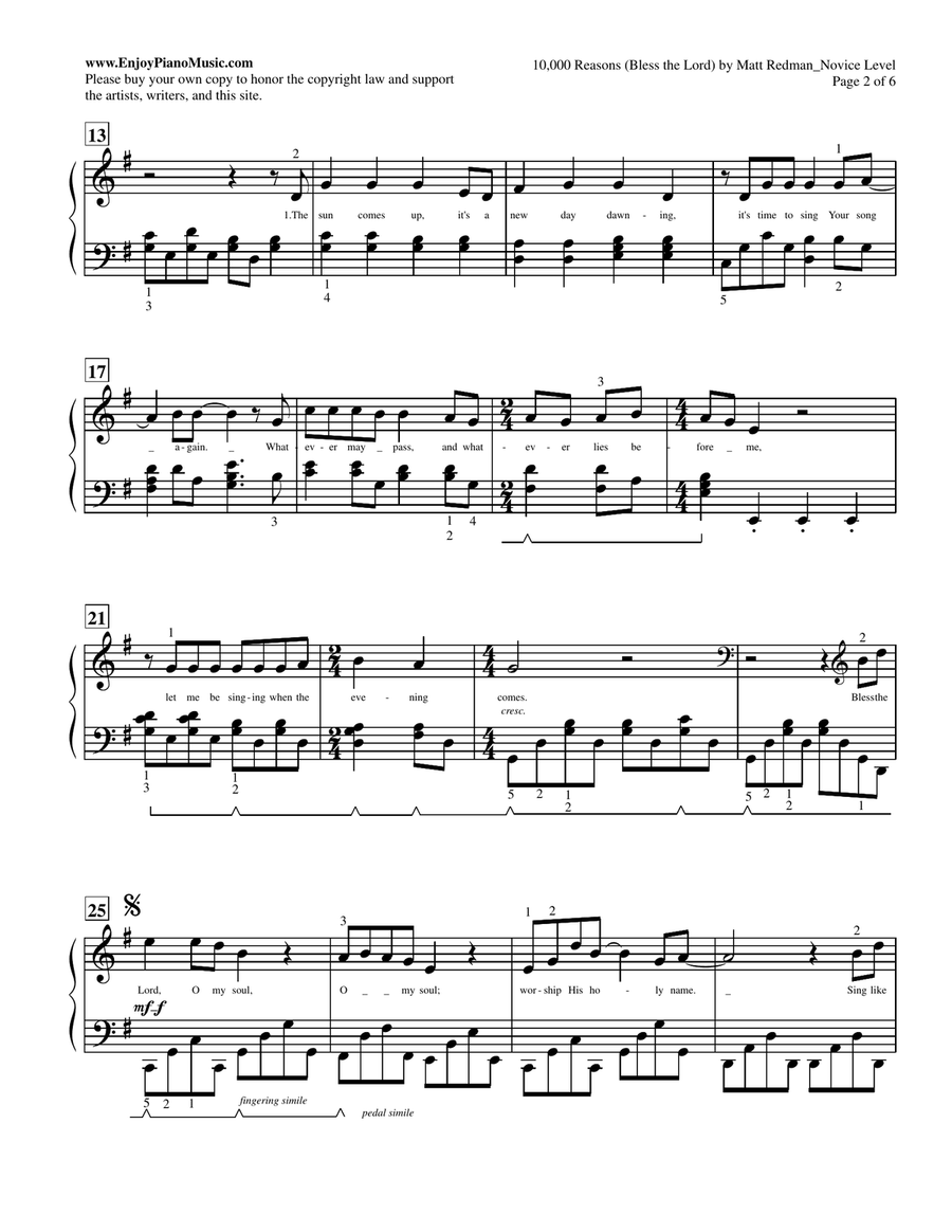 10,000 Reasons (Bless The Lord) Piano Solo scores gallery preview page 2