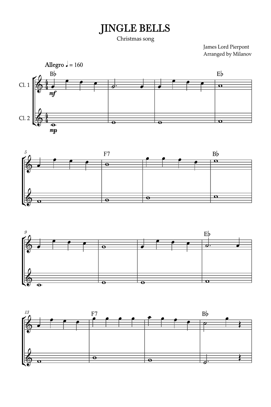 Jingle Bells | Pierpont | Christmas song | clarinet duet | easy | chords | Bb Major Clarinet Duet scores gallery preview page 1