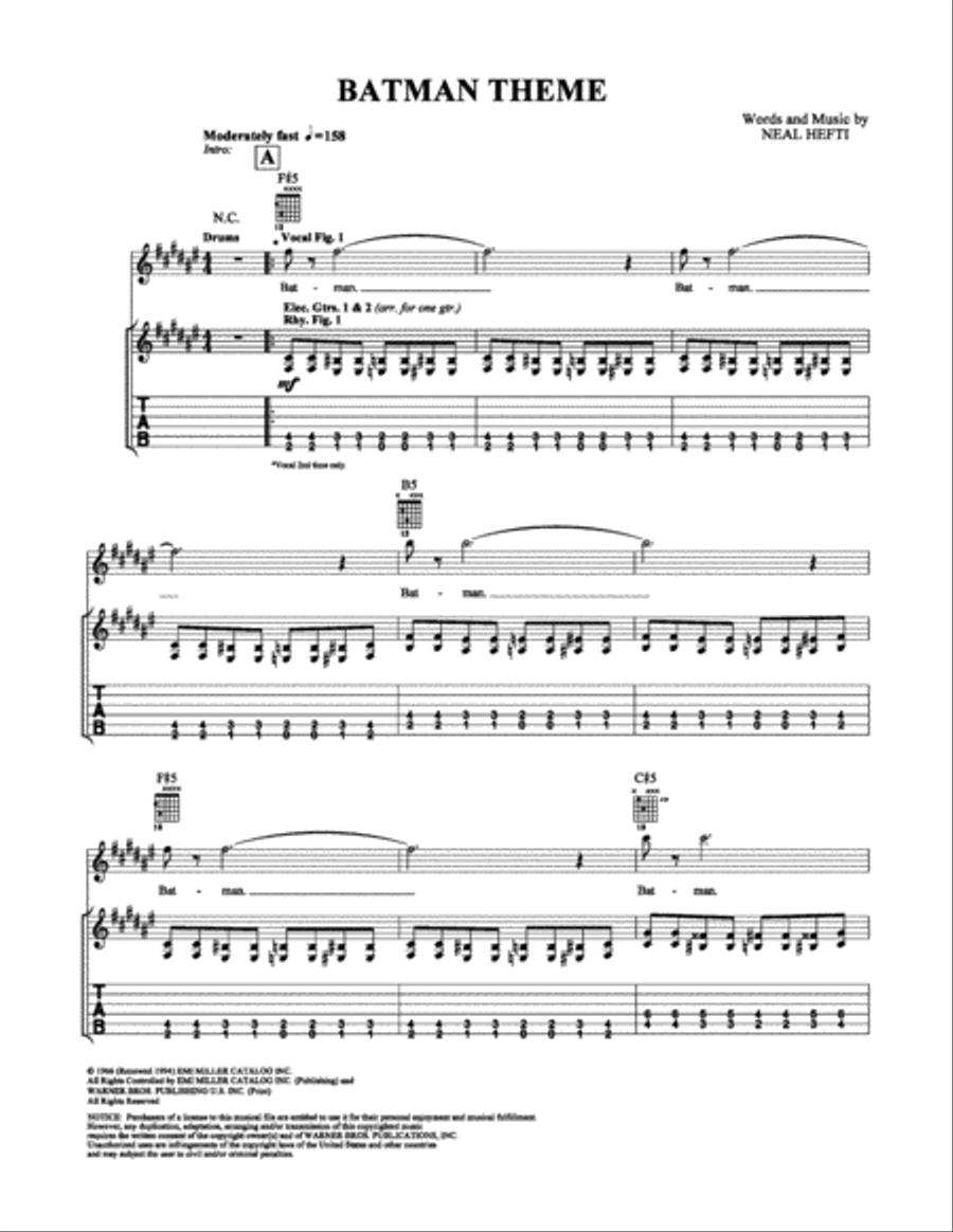 Batman Theme Batman Theme Guitar Tablature scores gallery preview page 1