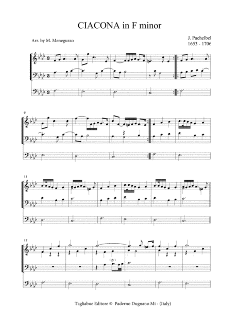 CIACONA in F Minor - Pachelbel - For Organ 3 staff Organ Solo scores gallery preview page 1