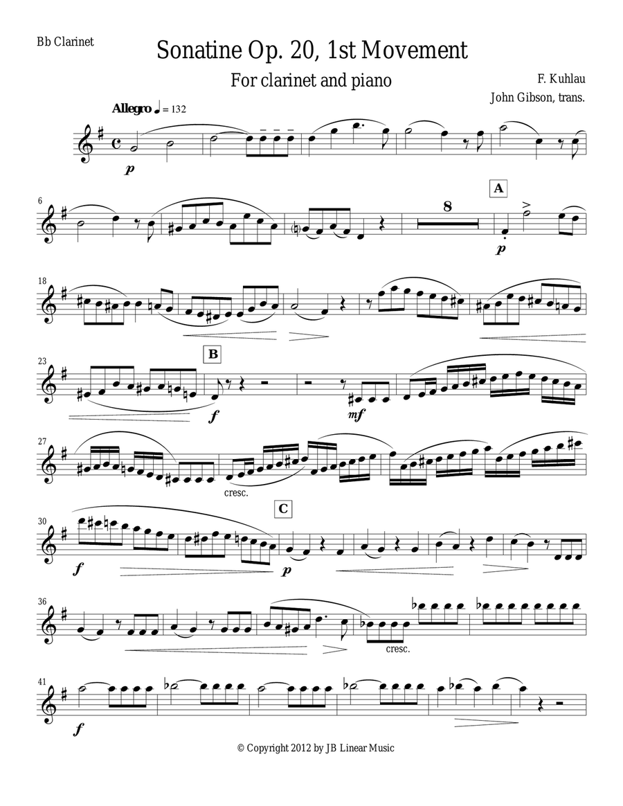 Sonatine by Kuhlau for Clarinet and Piano B-Flat Clarinet scores gallery preview page 1