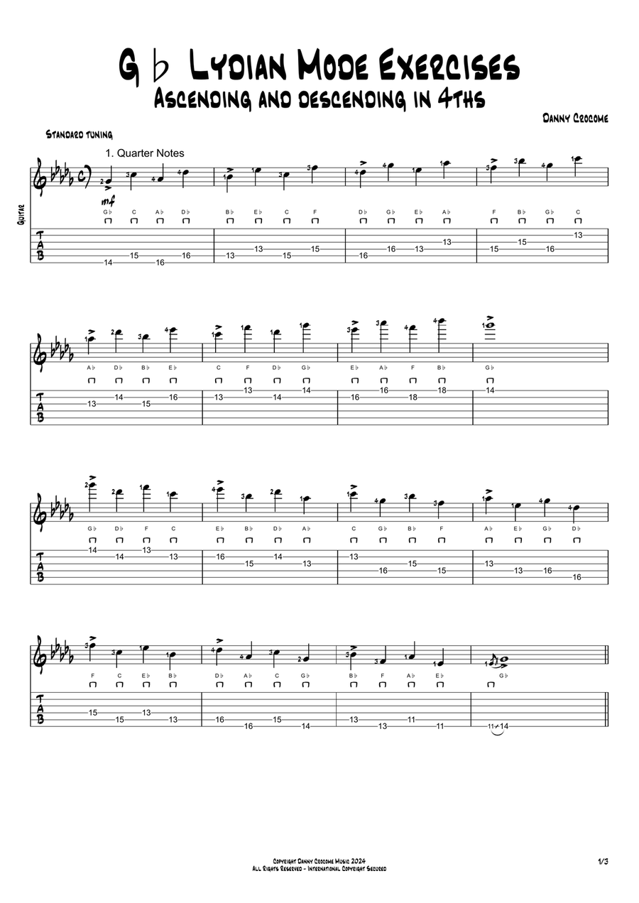 Gb Lydian Mode Exercises - Ascending and Descending in 4ths Acoustic Guitar scores gallery preview page 1