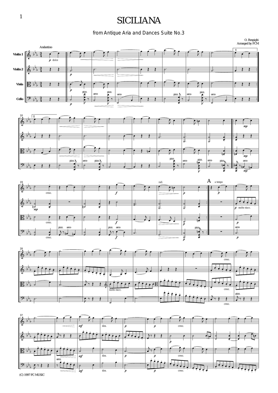 Respighi Siciliana from Ancient Airs and Dances Suite No.3, for string quartet, CR002 String Quartet scores gallery preview page 1